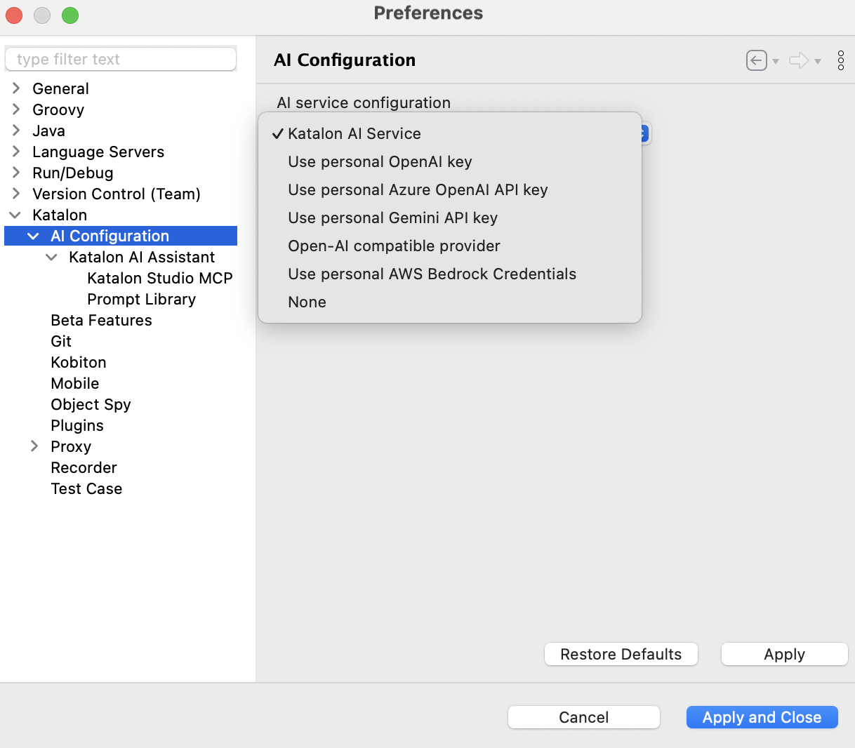 Choose between using Katalon AI Service, using your own OpenAI, Azure OpenAI API key, Gemini API key, OpenAI compatible provider, or AWS Bedrock key.